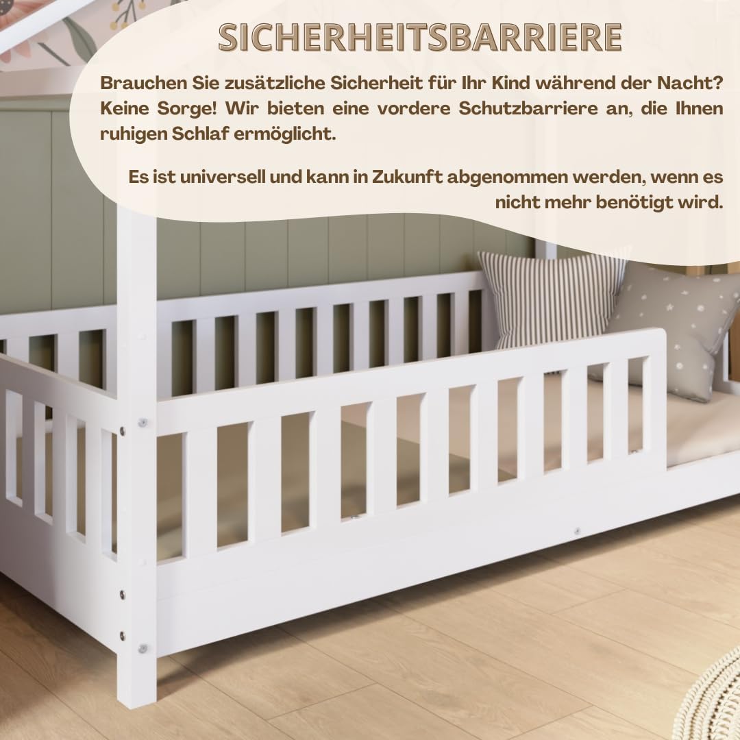 Łóżko Crazy Pine House z szufladami 200x90 cm – łóżko dziecięce z naturalnego drewna z zabezpieczeniem przed upadkiem – łóżko Montessori z dodatkową przestrzenią do przechowywania i wyjmowaną barierką – Crazy House