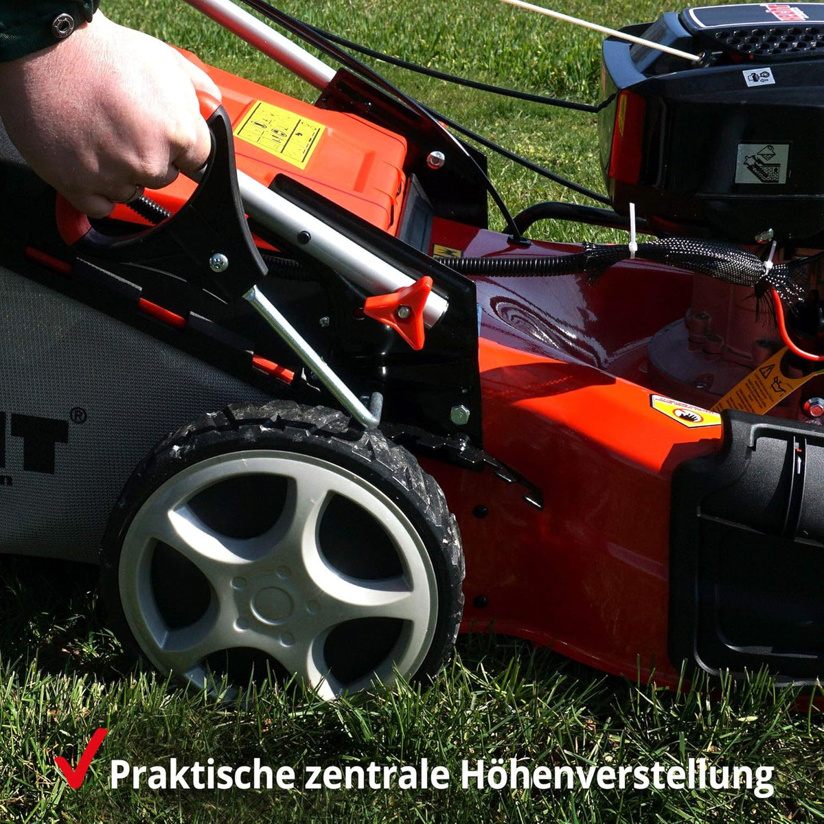 Kosiarka spalinowa HECHT 5 w 1 – mocny, czterosuwowy silnik Eco o mocy 4,4 kW (6,0 KM) – rozruch elektryczny – szerokość koszenia 53 cm – kosz na trawę o pojemności 75 l – napęd na koła – opatentowane koła – funkcja mulczowania