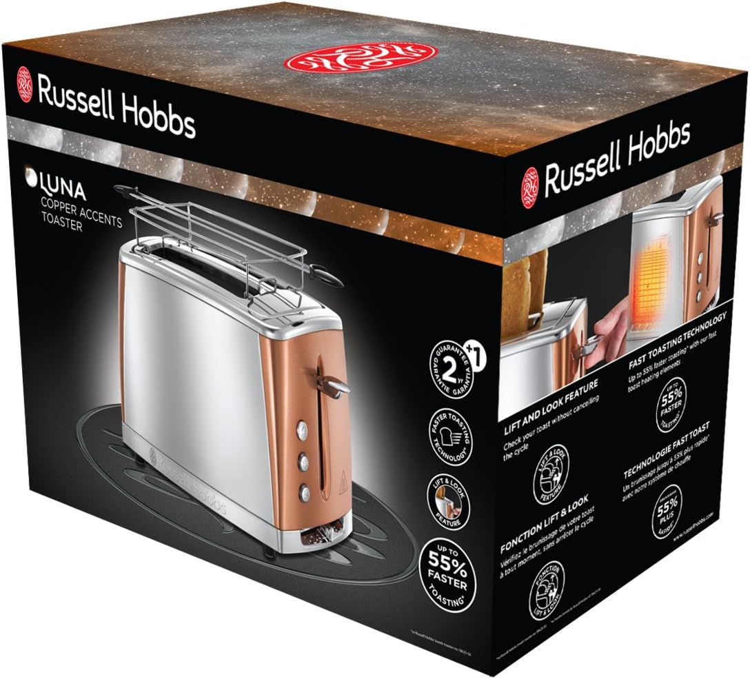 Toster Russell Hobbs Luna [na 2 kromki] Stal nierdzewna, miedź (bardzo szerokie otwory do opiekania, w tym podgrzewacz bułek, 6 poziomów opiekania, funkcja rozmrażania i podgrzewania, 1550 W) 24290-56
