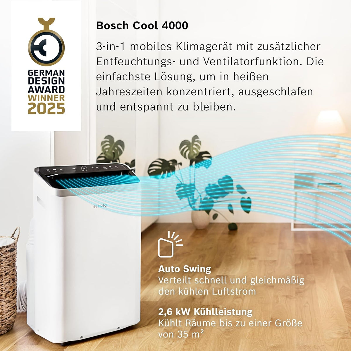 Klimatyzator przenośny Bosch Cool 4000 – 3 w 1: klimatyzator, osuszacz powietrza, wentylator – 2,6 kW do pomieszczeń o powierzchni do 35 m² – z trybem automatycznym, trybem cichym i trybem uśpienia