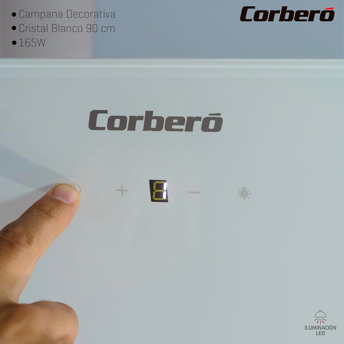 Corberó - Okap kuchenny 90 cm | VICTORIA960W | 594,2 m3/h | 67 dB | 165 W | 3 prędkości | Sterowanie dotykowe | Szkło hartowane | Filtr aluminiowy, filtr węglowy | Białe szkło