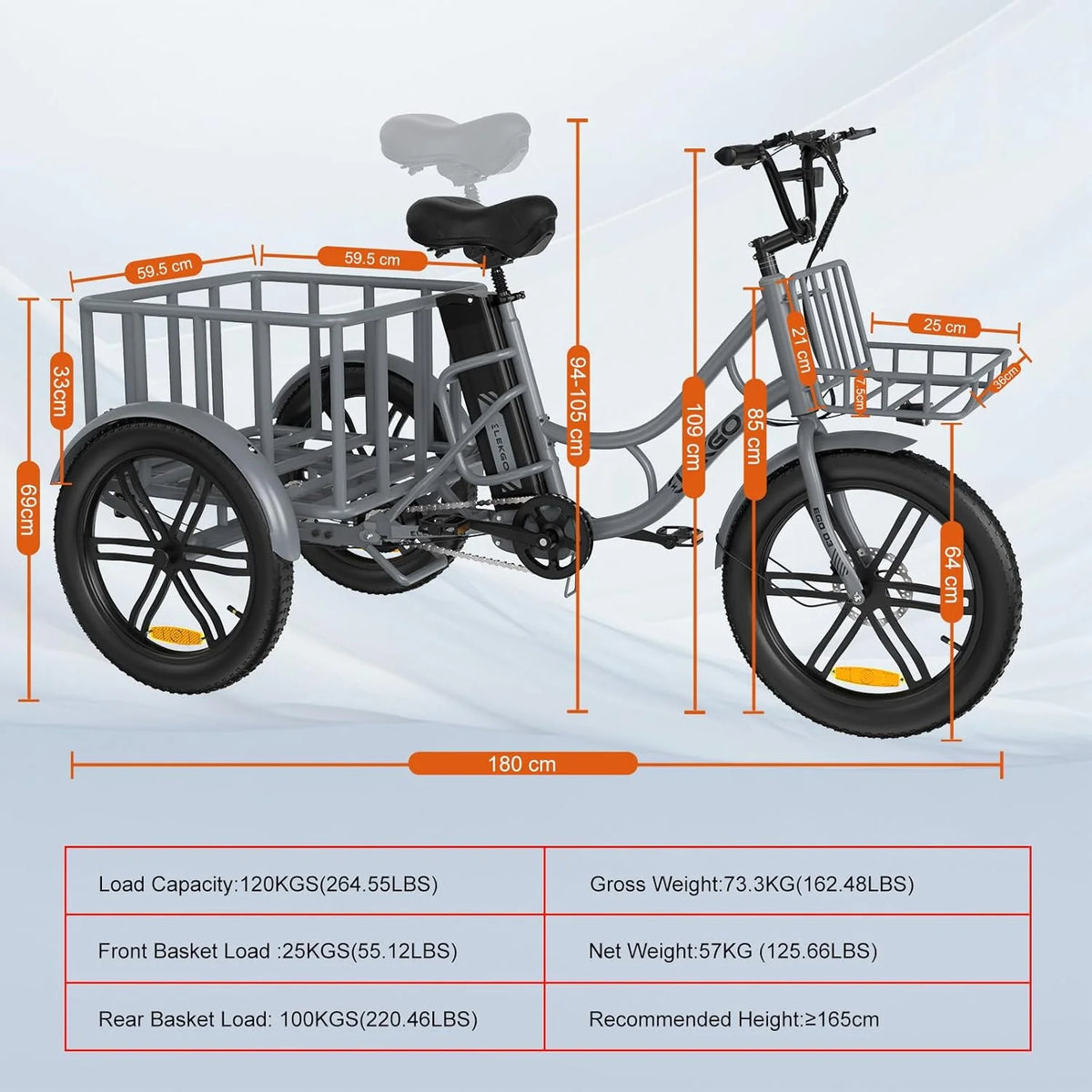 ELEKGo EGO03 Cargo E-Trike 500W 48V 18Ah, wyświetlacz LCD, opony 20x3.0