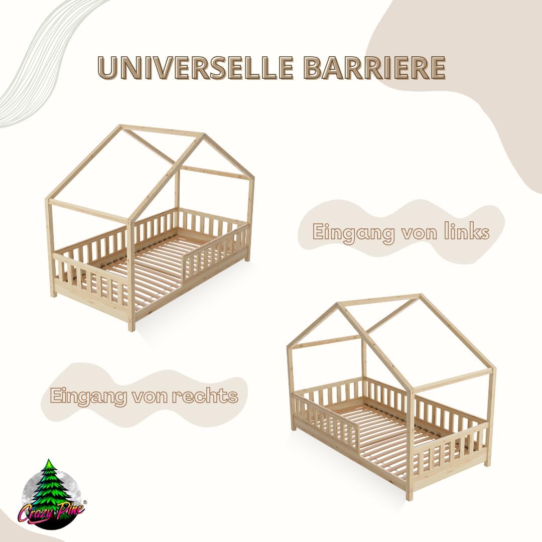 Łóżko Crazy Pine House z szufladami 200x90 cm – łóżko dziecięce z naturalnego drewna z zabezpieczeniem przed upadkiem – łóżko Montessori z dodatkową przestrzenią do przechowywania i wyjmowaną barierką – Crazy House