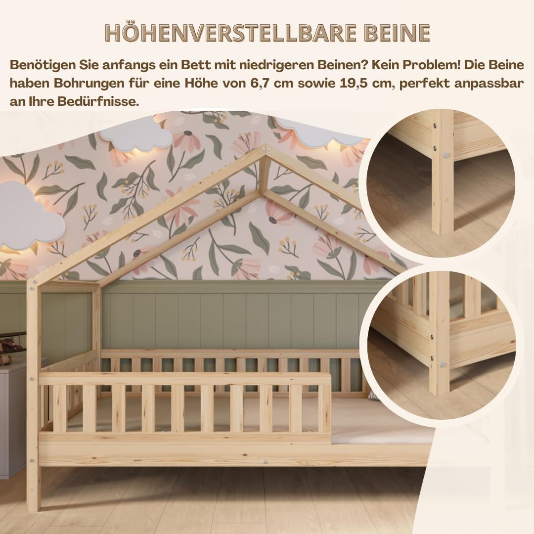 Łóżko Crazy Pine House z szufladami 200x90 cm – łóżko dziecięce z naturalnego drewna z zabezpieczeniem przed upadkiem – łóżko Montessori z dodatkową przestrzenią do przechowywania i wyjmowaną barierką – Crazy House