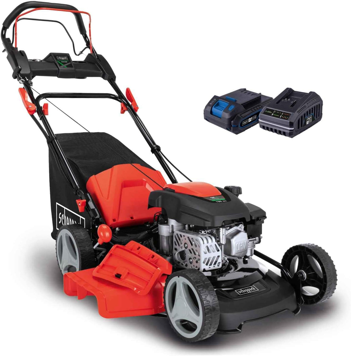 Kosiarka spalinowa Scheppach MS150-46E z rozrusznikiem elektrycznym | Szerokość koszenia 46 cm | Funkcja czyszczenia | Kosz na trawę o pojemności 55 litrów | Obudowa stalowa | 7-stopniowa regulacja wysokości | Funkcja mulczowania | Samojezdna | Wyrzu