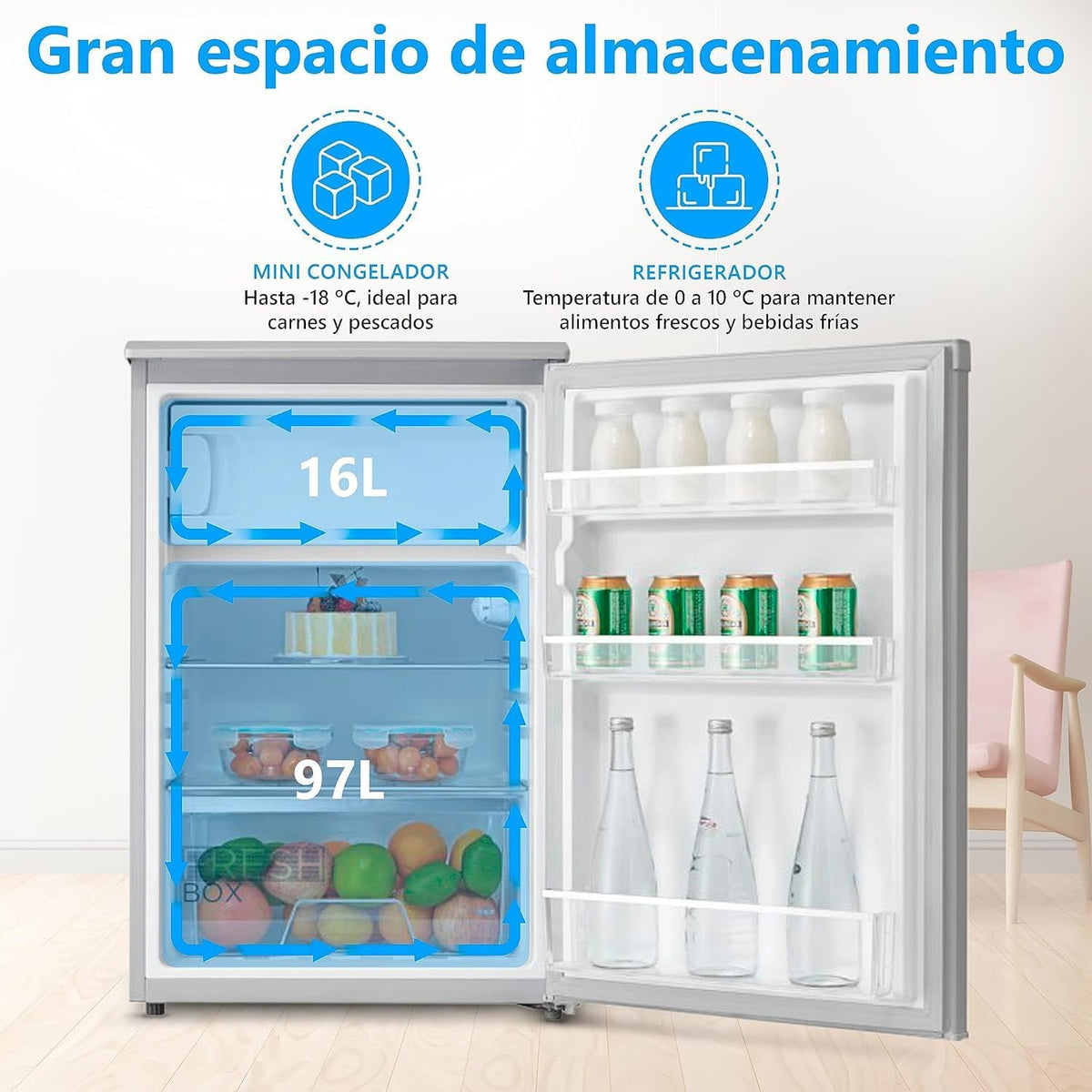 Midea Mała lodówka 113 l z zamrażarką - Mini lodówka do sypialni/przyczepy kempingowej/na kemping - Mini bar o niskim zużyciu energii - Cicha lodówka podblatowa 39 dB - Zamrażarka -16º/-24º