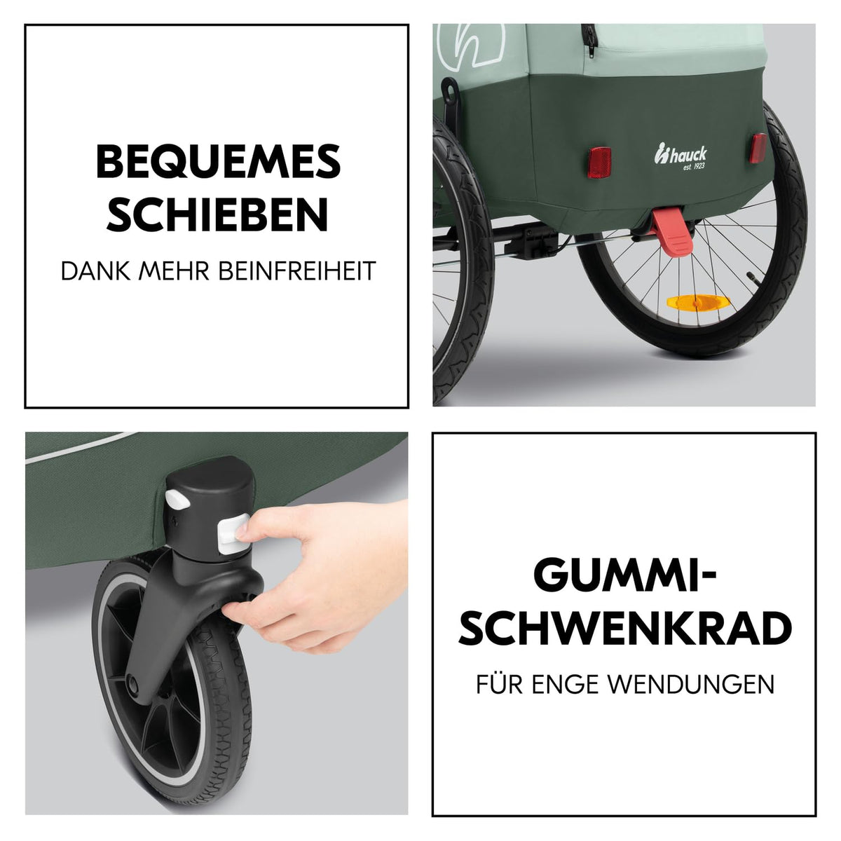 Przyczepka rowerowa i wózek Hauck Dryk Duo Plus z zawieszeniem, dla 2 dzieci (6-48 miesięcy), z dyszlem, kółkiem spacerowym, chorągiewką i oświetleniem LED, składana, regulowana wysokość, bagażnik XL (ciemnozielony)