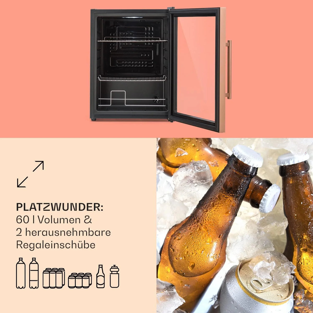 Klarstein Mini lodówka z drzwiami szklanymi do pomieszczeń, chłodziarka na napoje z regulowanymi półkami, mała 80 litrów, do użytku wewnątrz i na zewnątrz, cicha
