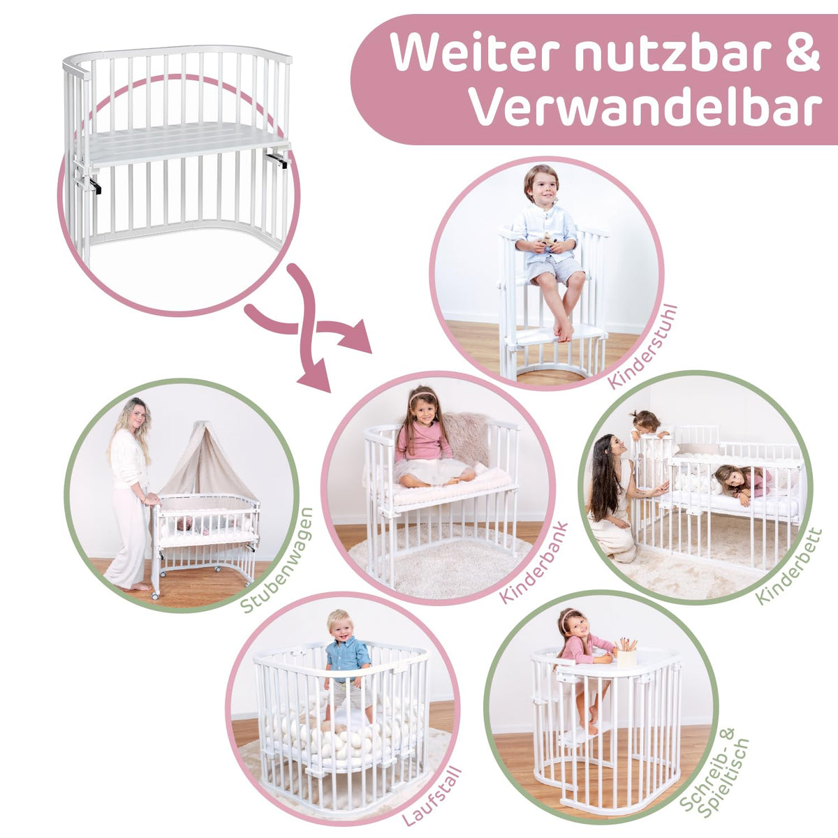 Oryginalne łóżeczko dostawne Babybay z litego drewna bukowego / kompaktowe i rozkładane / płynna regulacja wysokości łóżeczka i przyjazne dla środowiska / rośnie wraz z dzieckiem (lakierowane na biało) / w zestawie materac