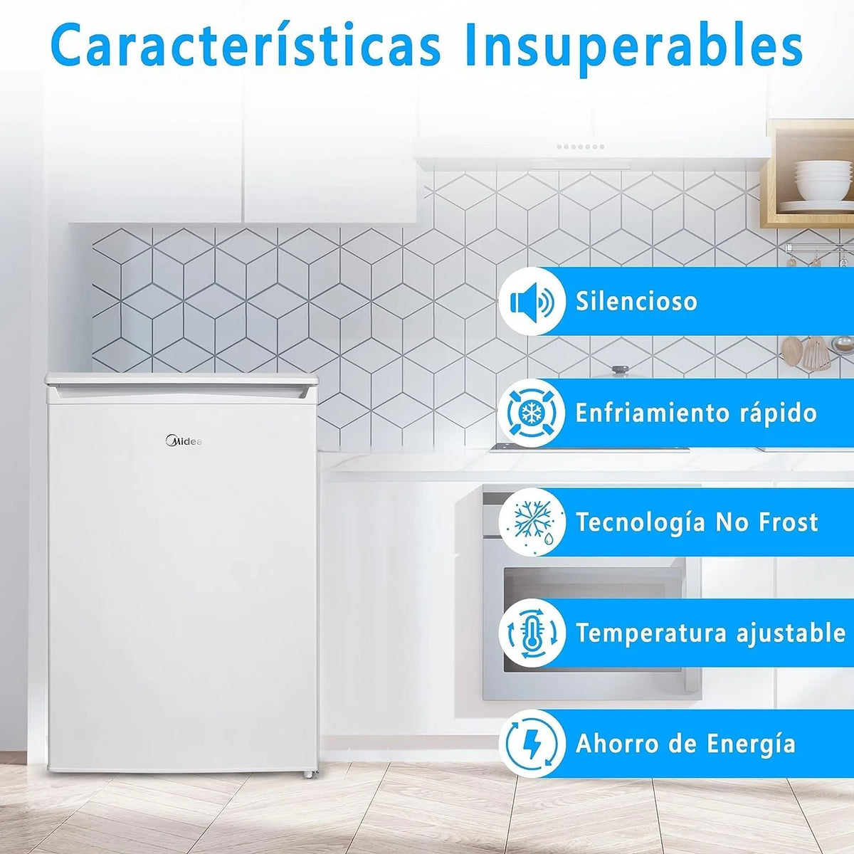 Midea Mała lodówka 113 l z zamrażarką - Mini lodówka do sypialni/przyczepy kempingowej/na kemping - Mini bar o niskim zużyciu energii - Cicha lodówka podblatowa 39 dB + zamrażarka -16º/-24º