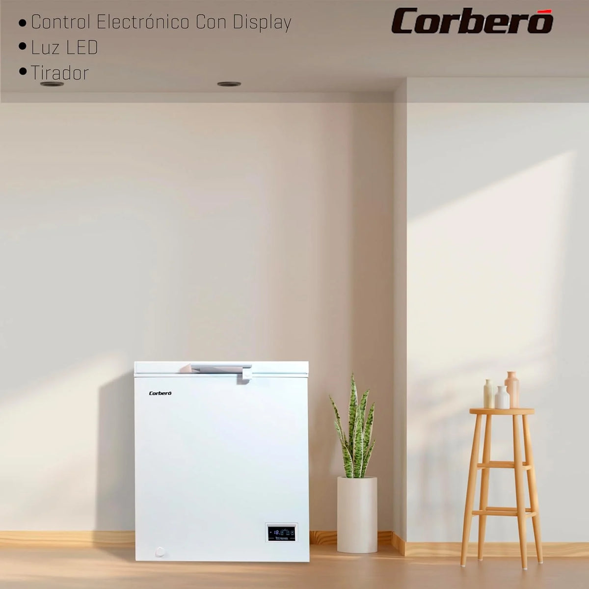 Corbero – Diepvrieskist 142 l | CCHH15024E | Elektronische bediening met display | LED-verlichting | Handgreep | 1 binnenmand | 2 wielen | 2 verstelbare poten | 40 dB | Energie-efficiëntieklasse E | Wit