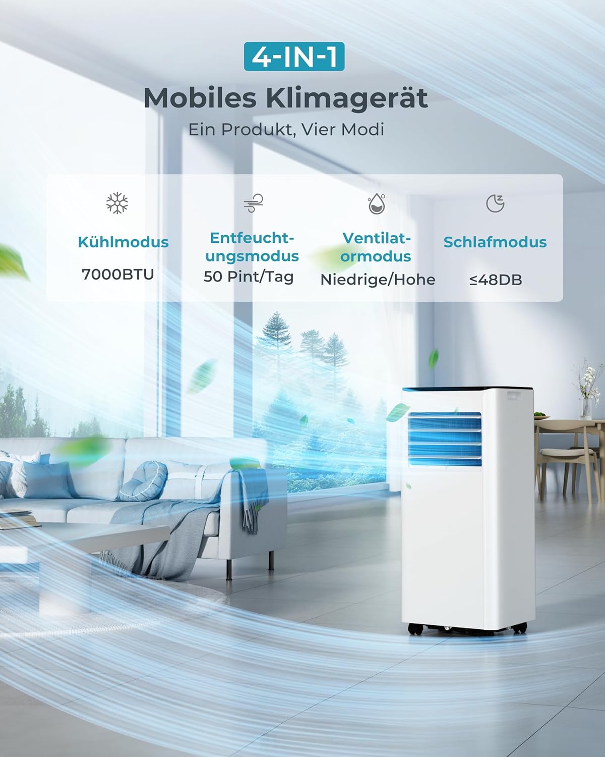 Przenośny klimatyzator 9000 BTU z rurą wylotową | Klimatyzator przenośny 4 w 1 | Cicha praca