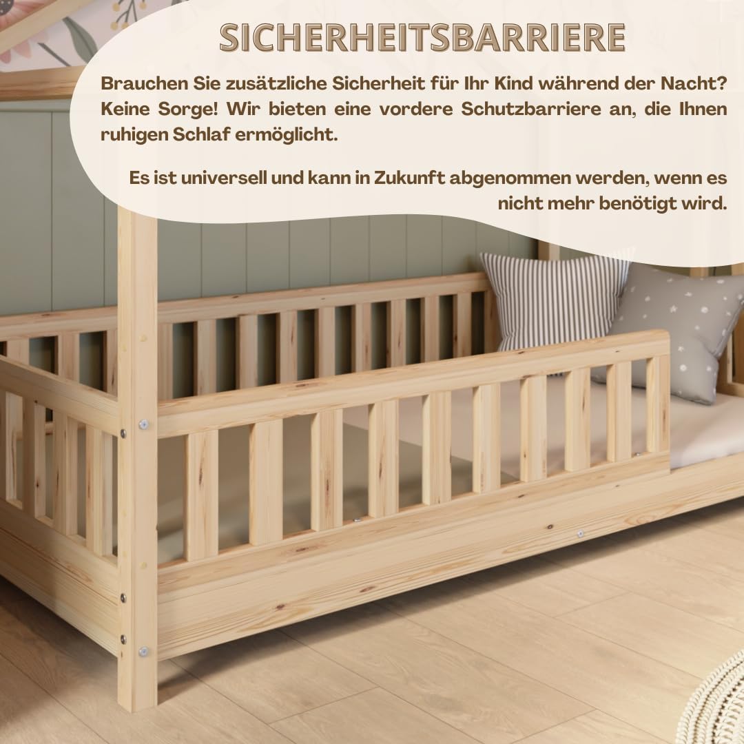 Łóżko Crazy Pine House z szufladami 200x90 cm – łóżko dziecięce z naturalnego drewna z zabezpieczeniem przed upadkiem – łóżko Montessori z dodatkową przestrzenią do przechowywania i wyjmowaną barierką – Crazy House