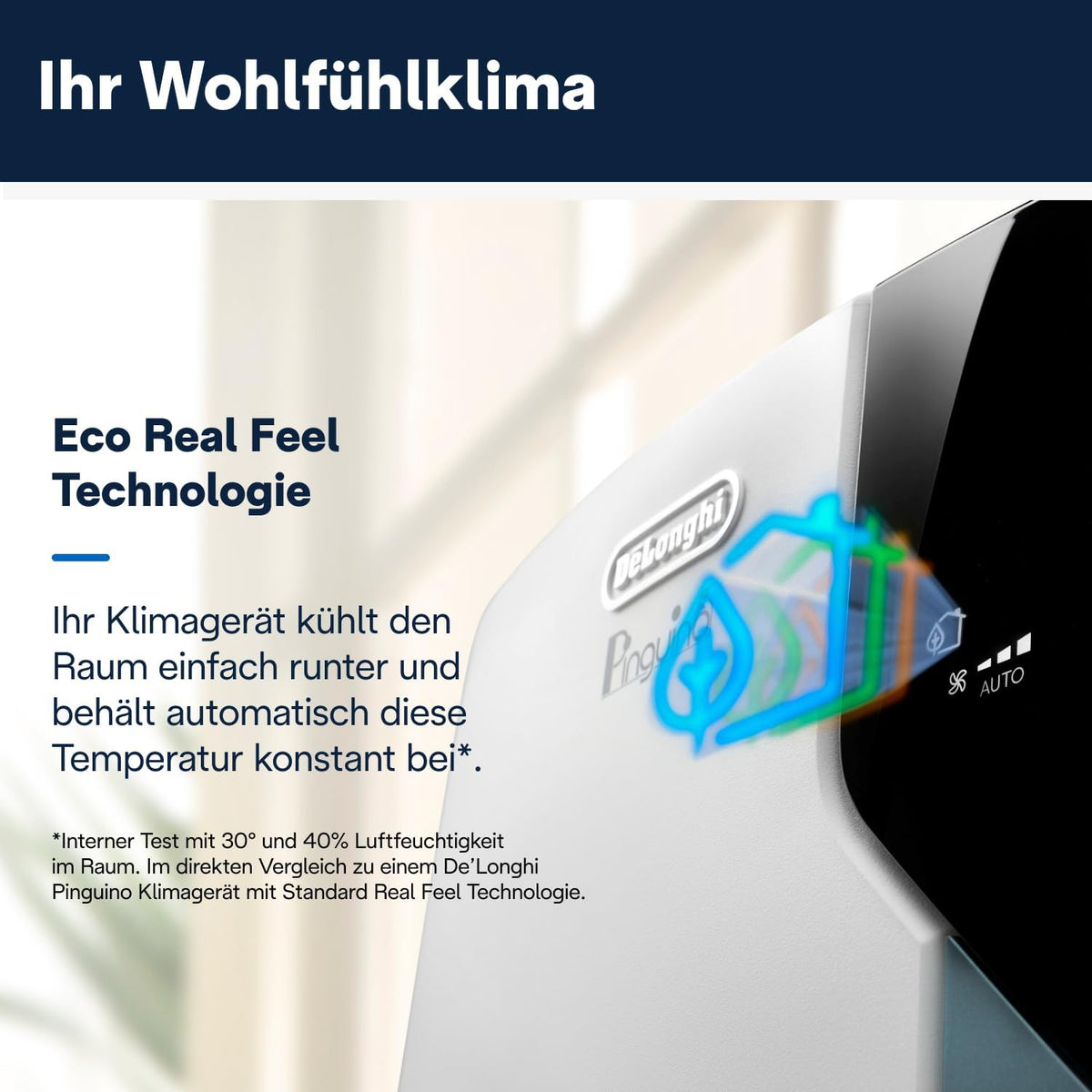 De'Longhi Pinguino PAC EL112 CST WiFi, przenośna klimatyzacja z technologią MyEcoRealFeel do pomieszczeń o kubaturze do 110 m³, 11 000 BTU/h, 2,9 kW, 63 dB, funkcja osuszania, A, sterowanie aplikacją i głosem, kolor biały