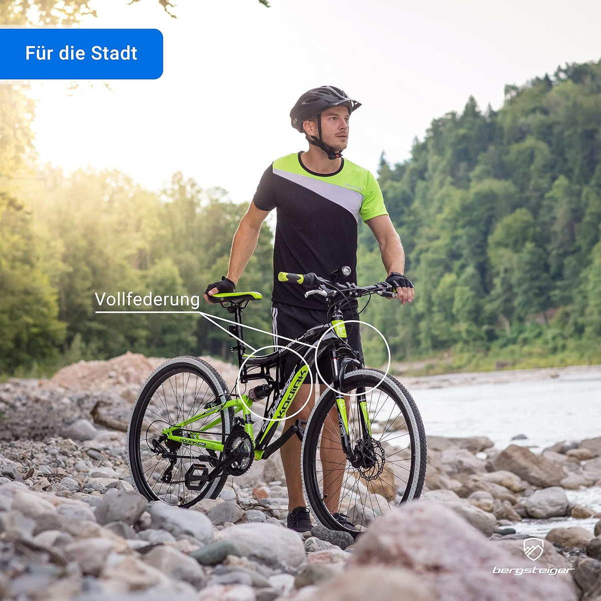 Rower górski Bergsteiger Kodiak (koła 26 lub 29 cali), hamulce tarczowe, 21-biegowy napęd Shimano, pełna amortyzacja (full-suspension) – rower MTB dla chłopców, dziewcząt, kobiet i mężczyzn