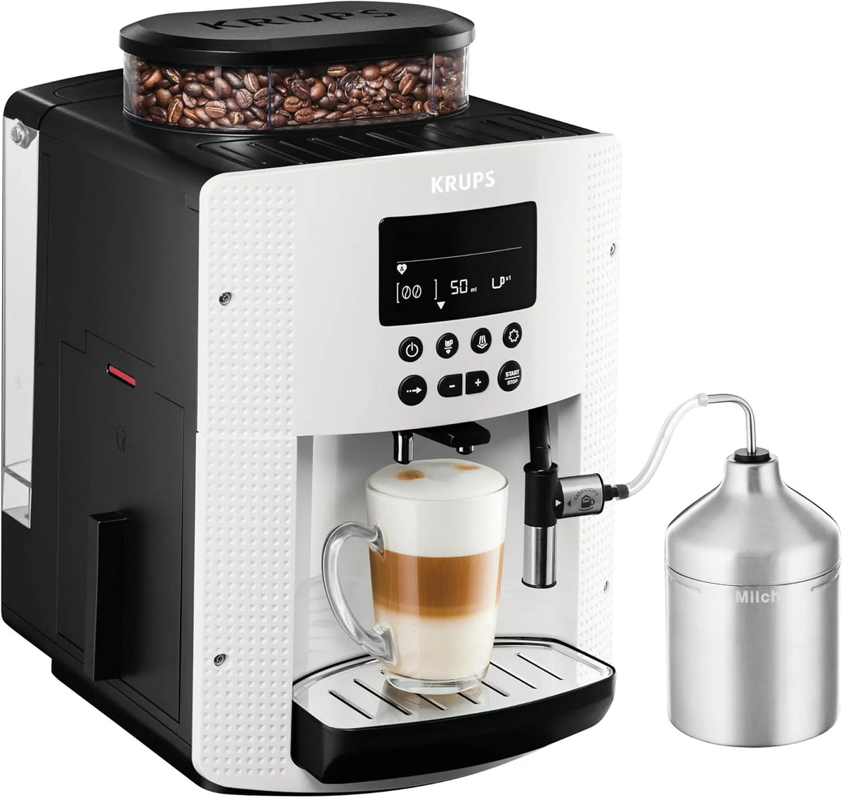Ekspres do kawy Krups Essential w pełni automatyczny z wężykiem do mleka, funkcja parzenia 2 filiżanek, wyświetlacz LCD, łatwe czyszczenie, certyfikat TÜV, czarny, EA816031