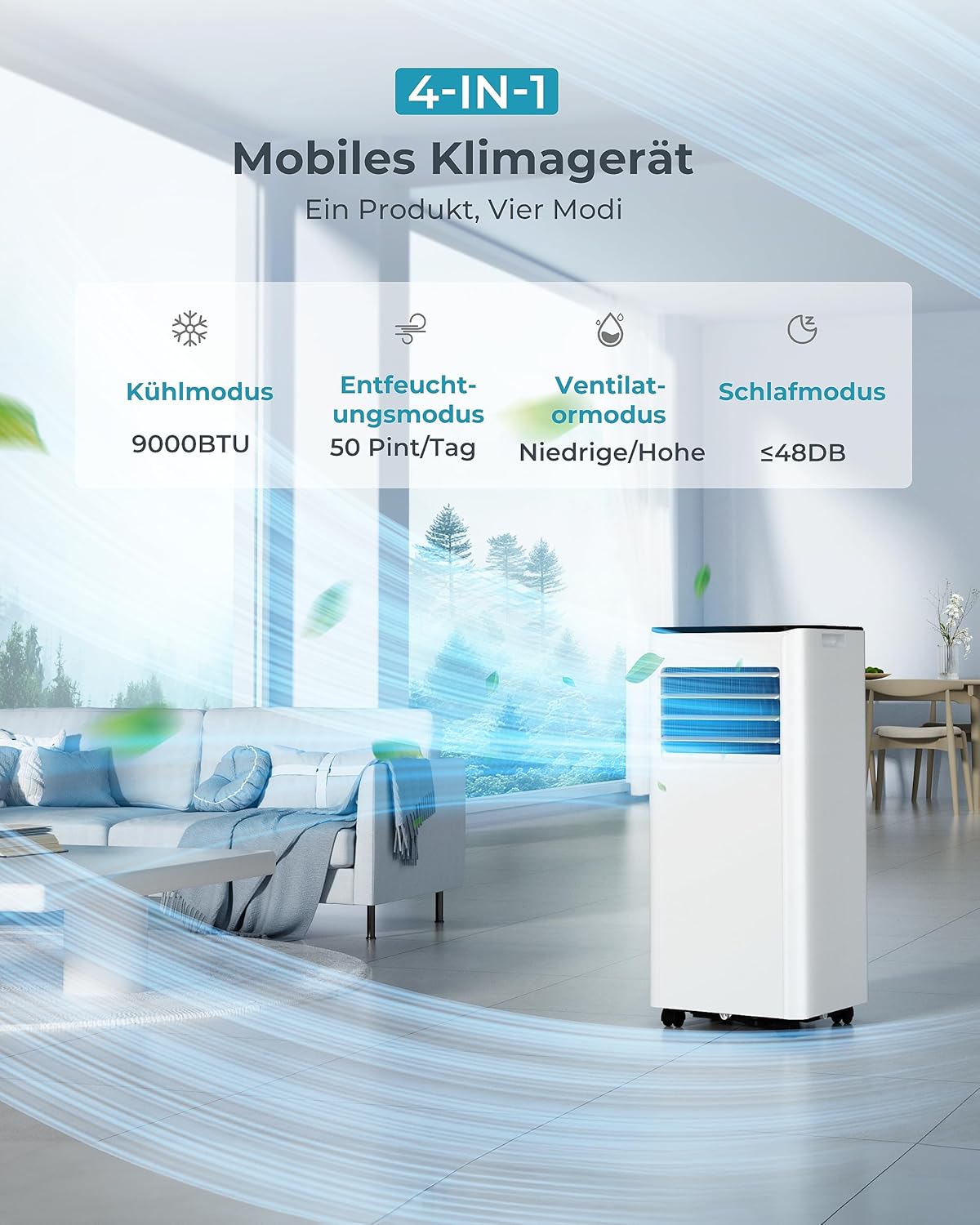 Przenośny klimatyzator 9000 BTU z przewodem wydechowym | Przenośny klimatyzator 4 w 1 | Cicha praca