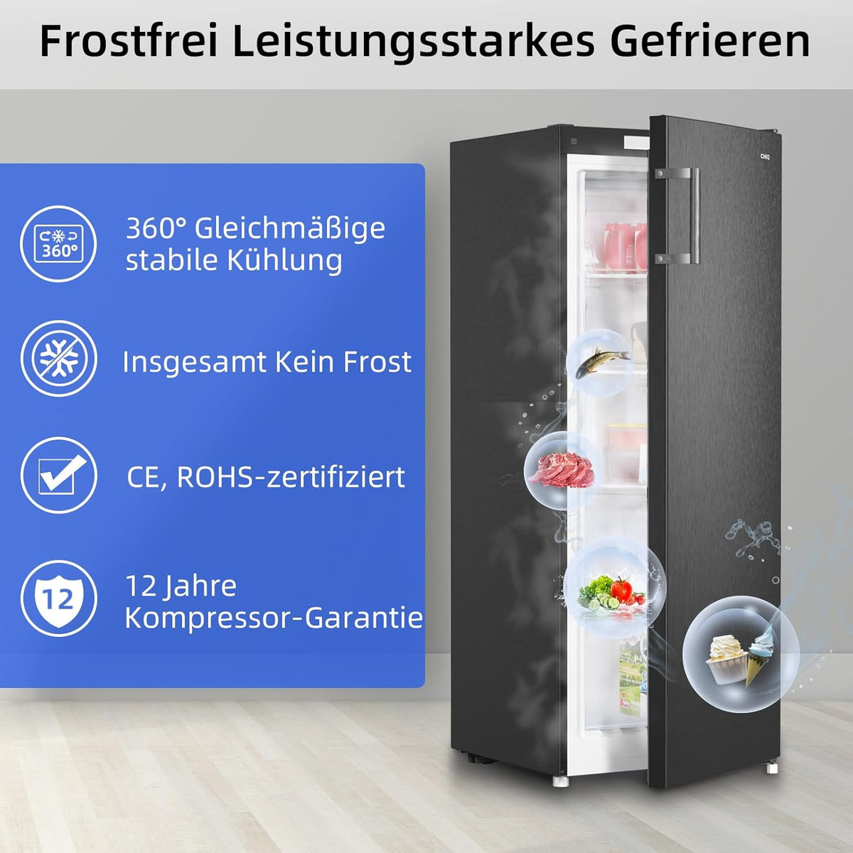 Zamrażarka CHiQ FSD166NE4E 166 l, technologia No Frost, odwracalne zawiasy drzwi, czarna stal nierdzewna, wysokość 144 cm