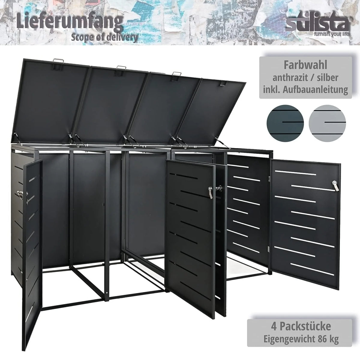 STILISTA metalen behuizing voor 4 containers van elk 240 liter, antraciet.