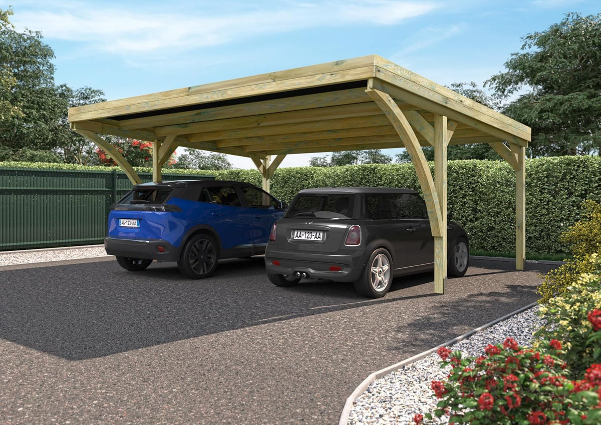 Forest Style - Victor Modern Double Carport 30,9 m² (6,02 x 5,11 x 2,52 m) – impregnowane drewno sosnowe – dach z poliwęglanu – zadaszony parking na 2 samochody – solidna i trwała konstrukcja