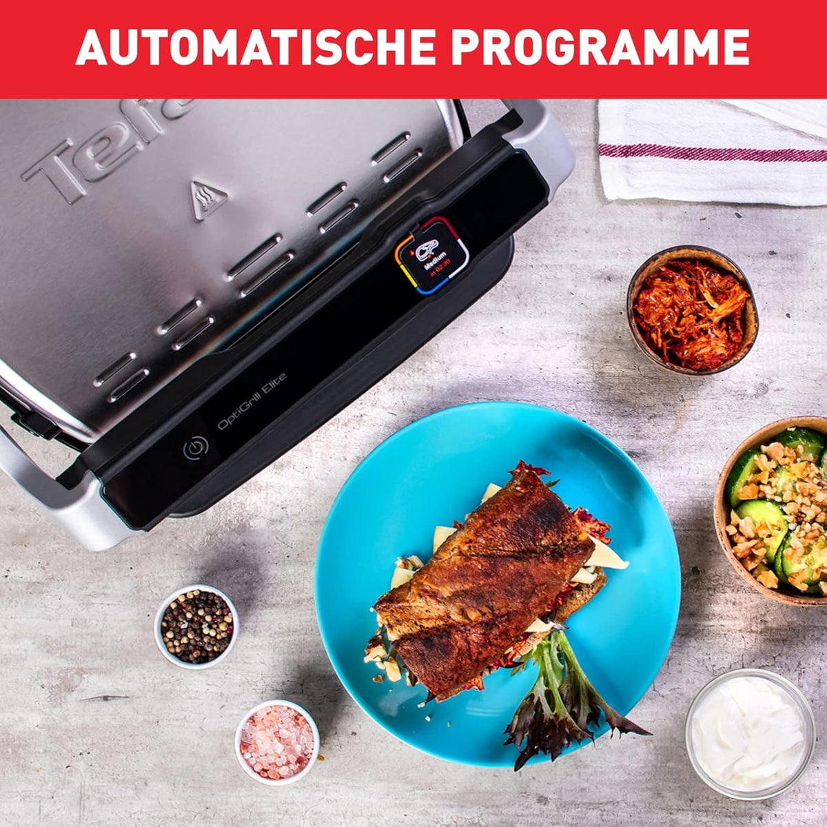 Grill kontaktowy Tefal OptiGrill Elite, 12 programów, wyświetlacz cyfrowy ze wskaźnikiem poziomu wysmażenia, wyjmowane płyty, grill elektryczny, stal nierdzewna, GC750D16