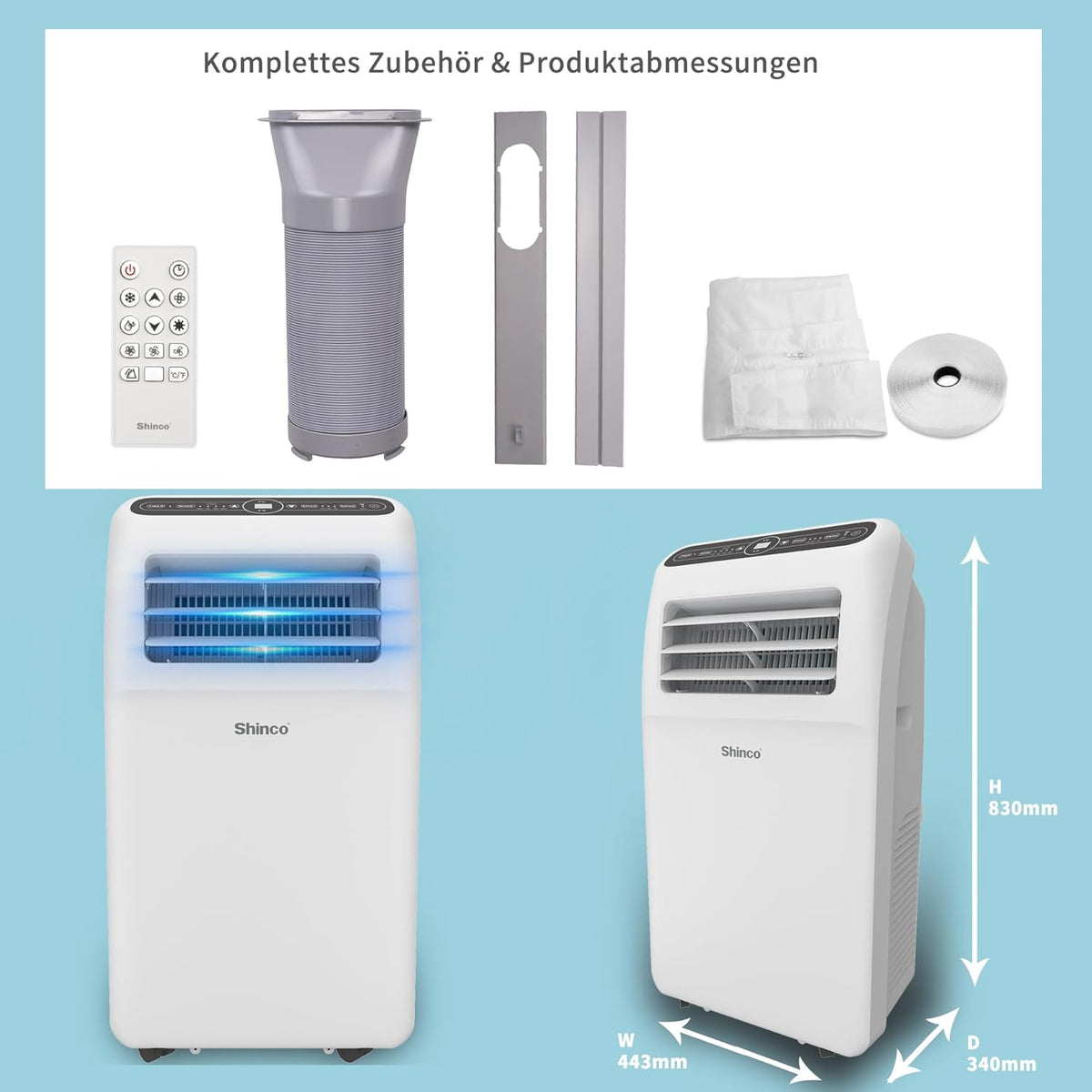 Przenośna klimatyzacja SHINCO z przewodem wydechowym, 9000 BTU, 2,6 kW, chłodzenie, wentylacja i osuszanie, przenośna klimatyzacja z trybem uśpienia, powierzchnia pomieszczenia do 22 m², 24-godzinny timer