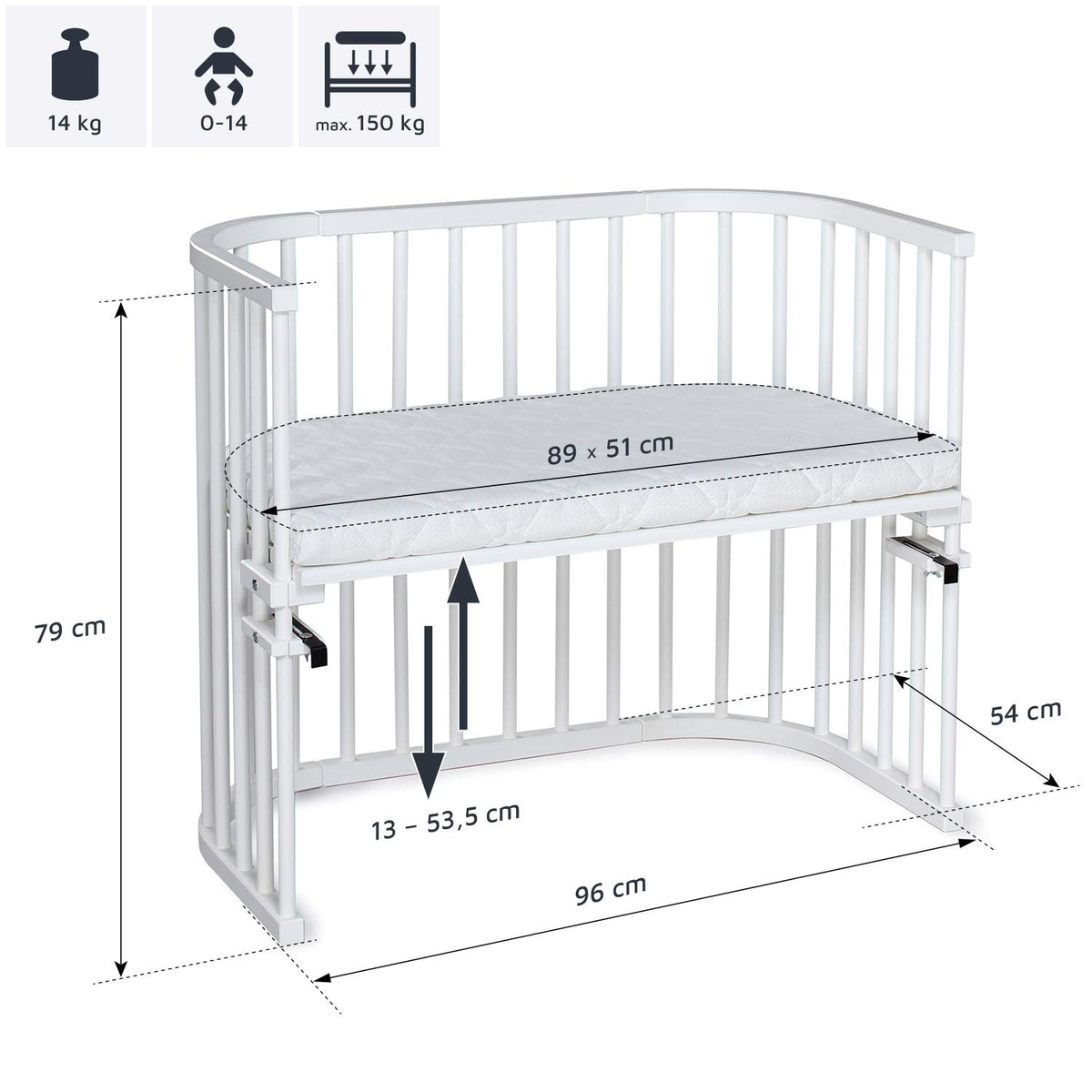 Oryginalne łóżeczko dostawne Babybay z litego drewna bukowego / kompaktowe i rozkładane / płynna regulacja wysokości łóżeczka i przyjazne dla środowiska / rośnie wraz z dzieckiem (lakierowane na biało) / w zestawie materac