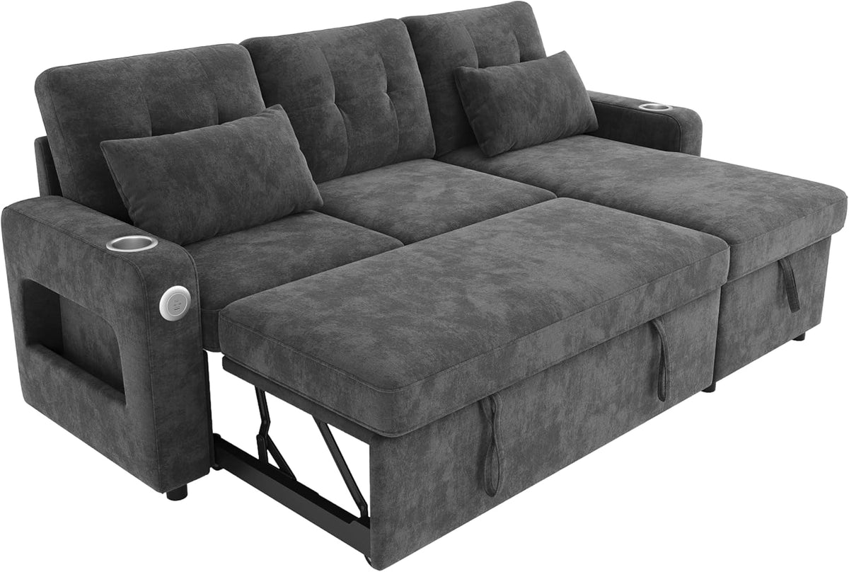 Narożna sofa z funkcją spania Merax w kształcie litery L i pojemnikiem na pościel – praktyczny narożnik rozkładany z miejscem do przechowywania, oświetleniem LED, portami USB/USB-C i 2 uchwytami na kubki – rozkładana sofa narożna, tkanina szenilowa,