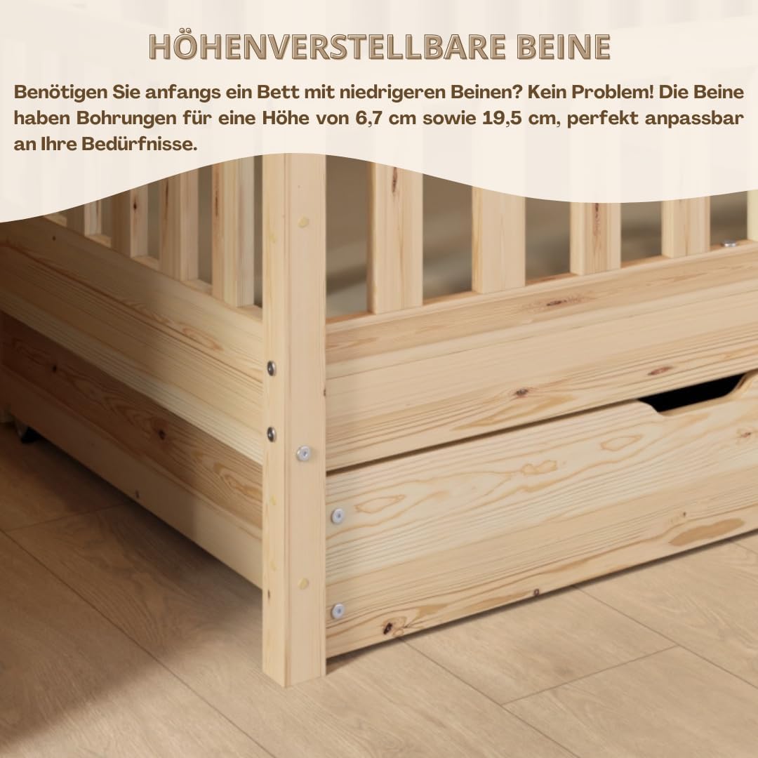 Łóżko Crazy Pine House z szufladami 200x90 cm – łóżko dziecięce z naturalnego drewna z zabezpieczeniem przed upadkiem – łóżko Montessori z dodatkową przestrzenią do przechowywania i wyjmowaną barierką – Crazy House
