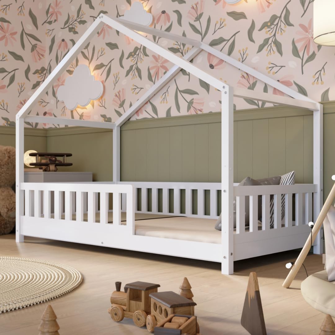 Łóżko Crazy Pine House z szufladami 200x90 cm – łóżko dziecięce z naturalnego drewna z zabezpieczeniem przed upadkiem – łóżko Montessori z dodatkową przestrzenią do przechowywania i wyjmowaną barierką – Crazy House
