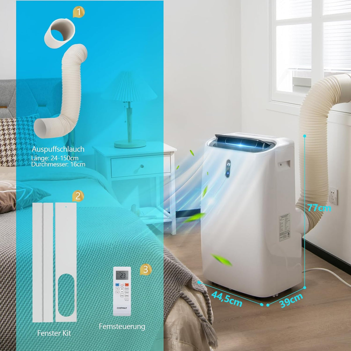 Klimatyzator GOPLUS 16000 BTU z przewodem wylotowym, przenośny klimatyzator 5 w 1: chłodzenie, ogrzewanie, osuszanie, wentylacja, tryb uśpienia | Do pomieszczeń o powierzchni do 30 m² | Timer 24-godzinny | Sterowanie za pomocą aplikacji/pilota (16000