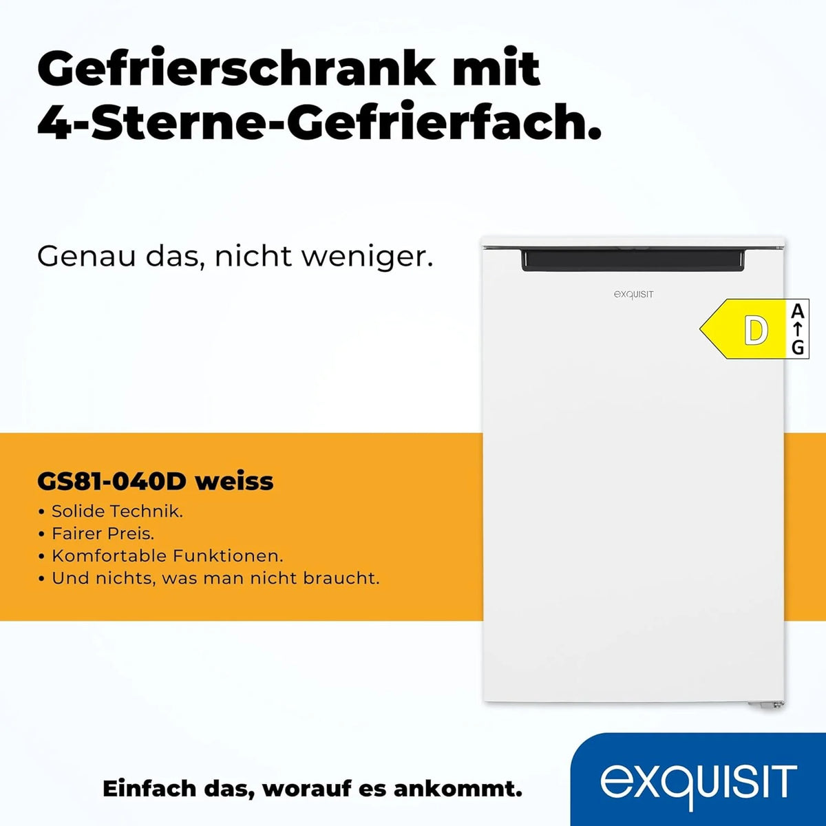 Exquisite staande vriezer, 87 liter, 4 sterren, energieklasse D, wit, 3 lades, handmatige ontdooiing, instelbare thermostaat, omkeerbare deur, 40 dB, verbruik 132 kWh/jaar, 85,5 x 54,5 x 58 cm