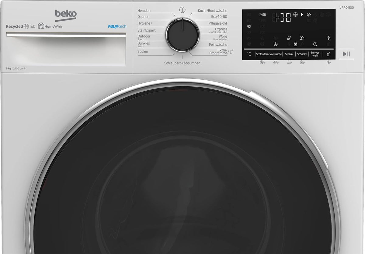 Pralka wolnostojąca Beko B5WFU58418W bPRO 500, w pełni automatyczna, 8 kg, AquaTech, wybór prędkości wirowania, 1400 obr./min, Bluetooth, funkcja pary, odpowiednia dla alergików, biała