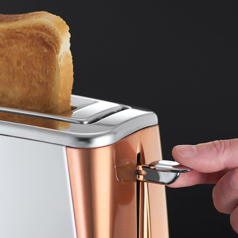 Toster Russell Hobbs Luna [na 2 kromki] Stal nierdzewna, miedź (bardzo szerokie otwory do opiekania, w tym podgrzewacz bułek, 6 poziomów opiekania, funkcja rozmrażania i podgrzewania, 1550 W) 24290-56
