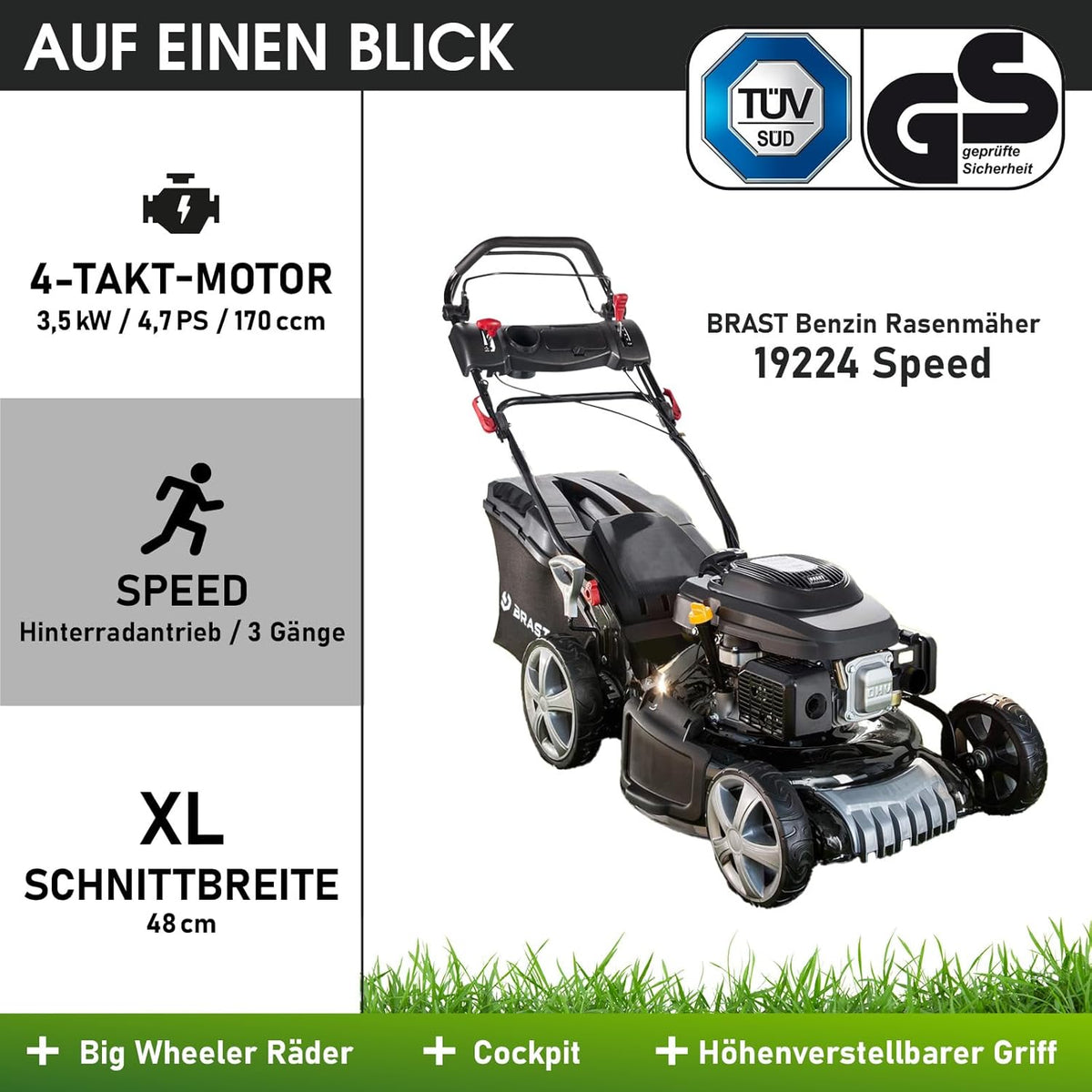 Spalinowa kosiarka do trawy BRAST z napędem | 5,2 kW (7 KM) | Rozruch elektryczny | Szerokość koszenia 48 cm | Różne modele | Certyfikat TÜV | Silnik czterosuwowy OHV | Wysokość koszenia 30–80 mm | Kosz na trawę 60 l | Stalowa obudowa | Model 19224 E