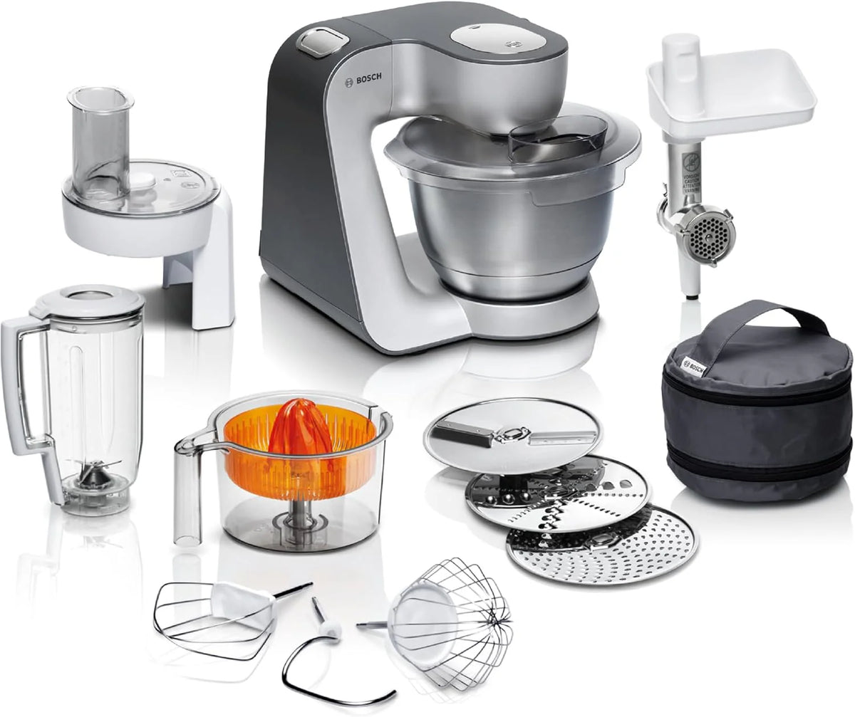 Robot kuchenny Bosch serii 4 MUM56340, misa 3,9 l, blender 1,25 l, maszynka do mięsa, wyciskarka do cytrusów, mikser planetarny, hak do ciasta, trzepaczka, ubijak, rozdrabniacz ciągły, 3 tarcze, 900 W, srebrny/szary