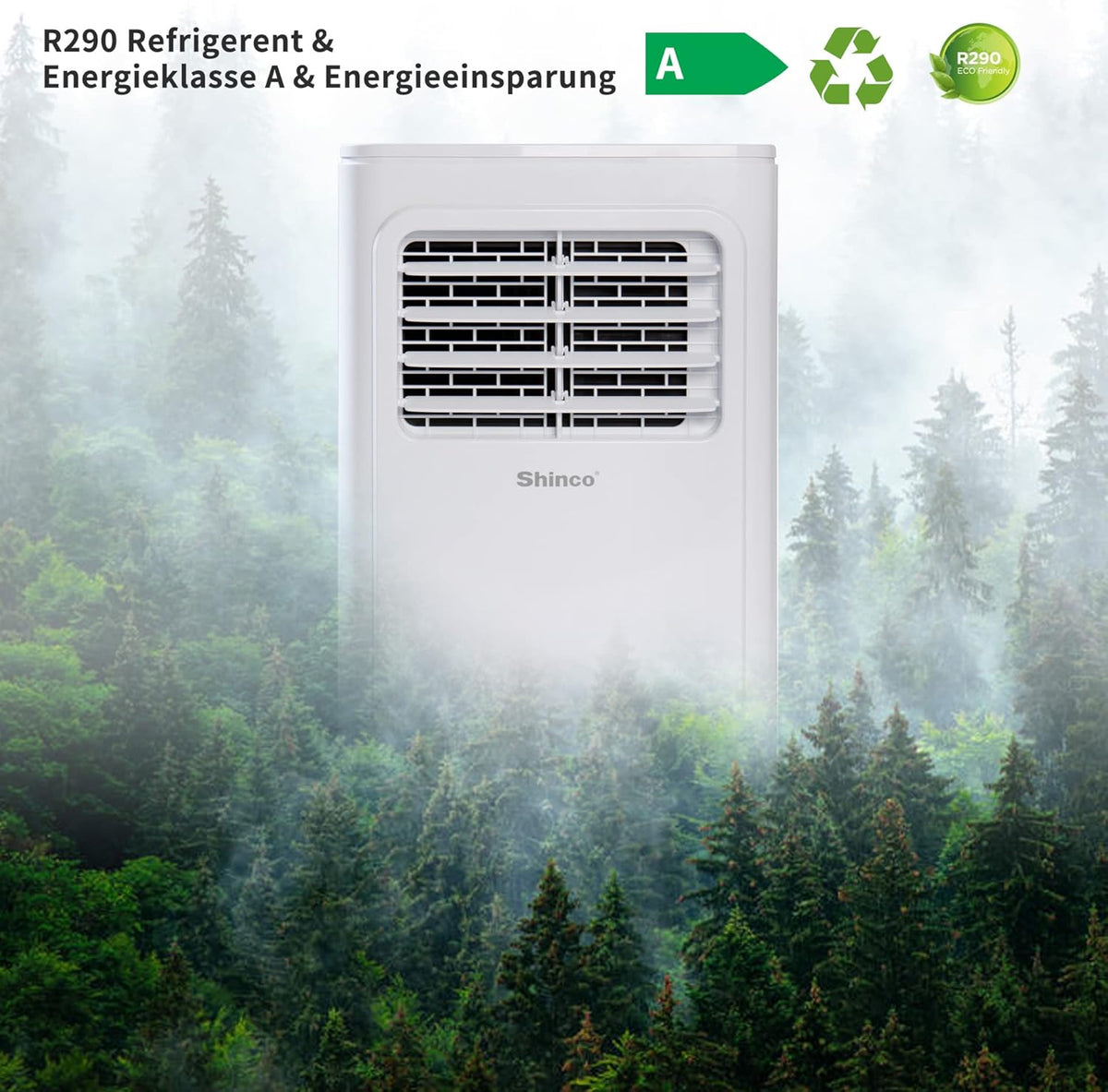 Przenośna klimatyzacja SHINCO z przewodem wydechowym, 9000 BTU, 2,6 kW, chłodzenie, wentylacja i osuszanie, przenośna klimatyzacja z trybem uśpienia, powierzchnia pomieszczenia do 22 m², 24-godzinny timer