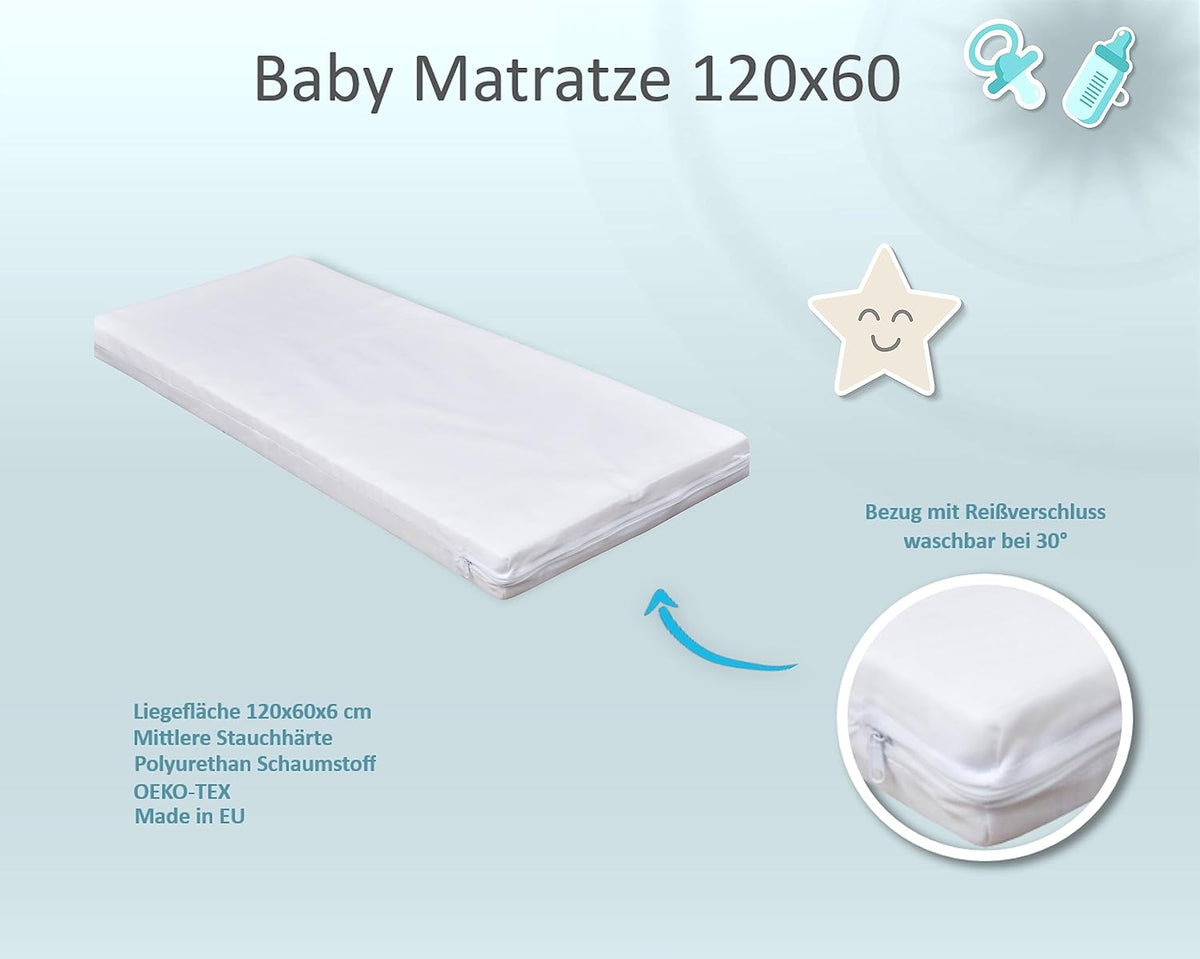 Łóżeczko dziecięce Deluxe 60x120 białe Łóżeczko dziecięce z możliwością przekształcenia w łóżko juniorskie Szuflada na materac Motyw bujanego misia