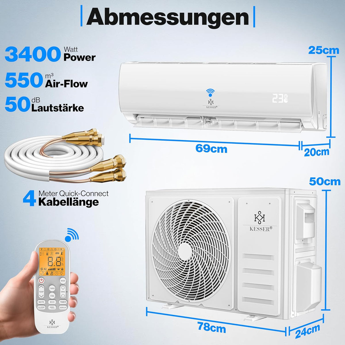 Zestaw klimatyzatora typu split KESSER® Quick Connect 12000 BTU 3,4 kW – WiFi i aplikacja Klimatyzator z funkcją grzania i chłodzenia Klimatyzator ścienny z rurami miedzianymi Czynnik chłodniczy R32 W zestawie materiały montażowe