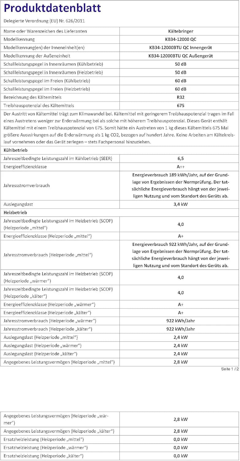 Klimatyzator typu split firmy Kältebringer z funkcją szybkiego łączenia – 12000 BTU (3,4 kW) z funkcją grzania, Wi-Fi i aplikacją, do 91 m2, bardzo cichy – 5 m rur miedzianych, czynnik chłodniczy R32, materiały montażowe, uchwyt ścienny