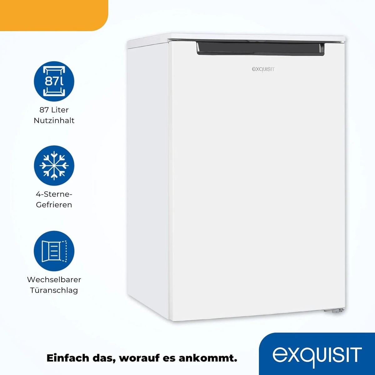 Exquisite staande vriezer, 87 liter, 4 sterren, energieklasse D, wit, 3 lades, handmatige ontdooiing, instelbare thermostaat, omkeerbare deur, 40 dB, verbruik 132 kWh/jaar, 85,5 x 54,5 x 58 cm