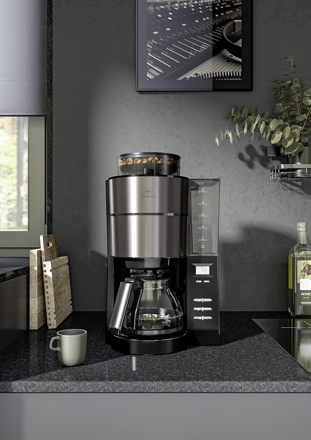 Melitta AromaFresh - Ekspres przelewowy - ze szklanym dzbankiem - wbudowanym młynkiem - funkcją timera - 10 filiżanek - Czysta czerń