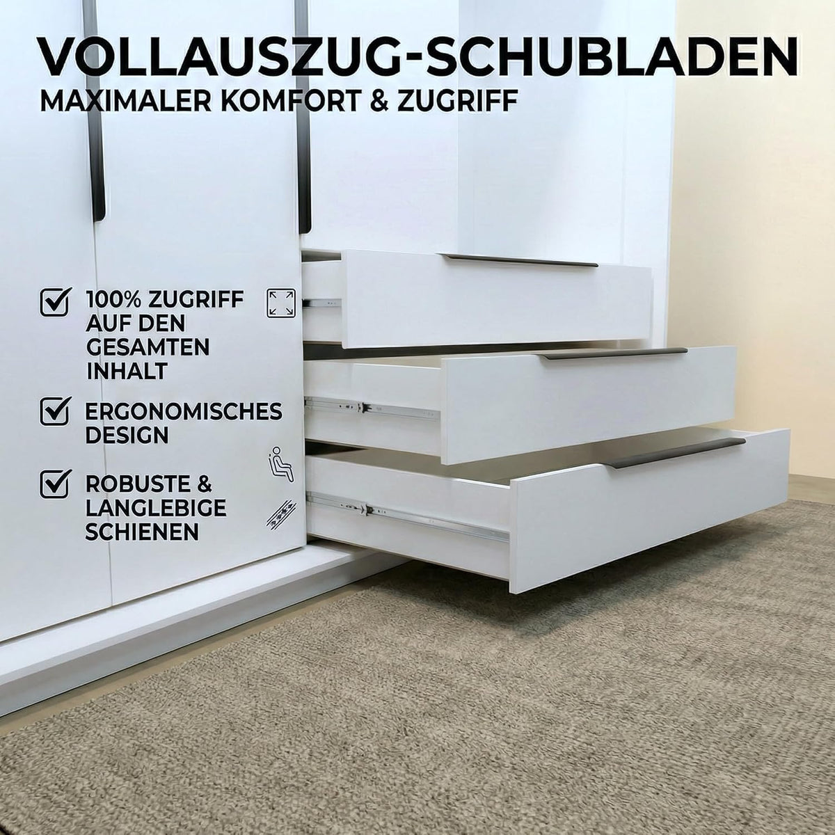 A and J MöbelLand VIVO Szafa 4-drzwiowa z lustrem i szufladami - 200 x 215 cm - Szafa z drzwiami uchylnymi, drążkiem na ubrania i półkami
