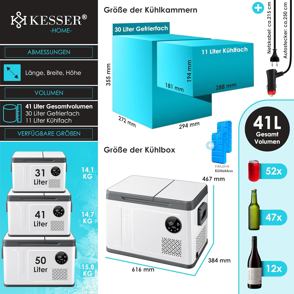 Lodówka kompresorowa KESSER 2 w 1 – Dwu-strefowa chłodziarko-zamrażarka – Elektryczna lodówka przenośna z 2 wkładami chłodzącymi i panelem dotykowym LED | Chłodzenie do -20°C – Idealna na kemping oraz do samochodów osobowych i ciężarowych (12/24 V i
