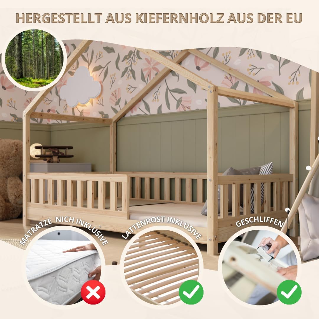 Łóżko Crazy Pine House z szufladami 200x90 cm – łóżko dziecięce z naturalnego drewna z zabezpieczeniem przed upadkiem – łóżko Montessori z dodatkową przestrzenią do przechowywania i wyjmowaną barierką – Crazy House