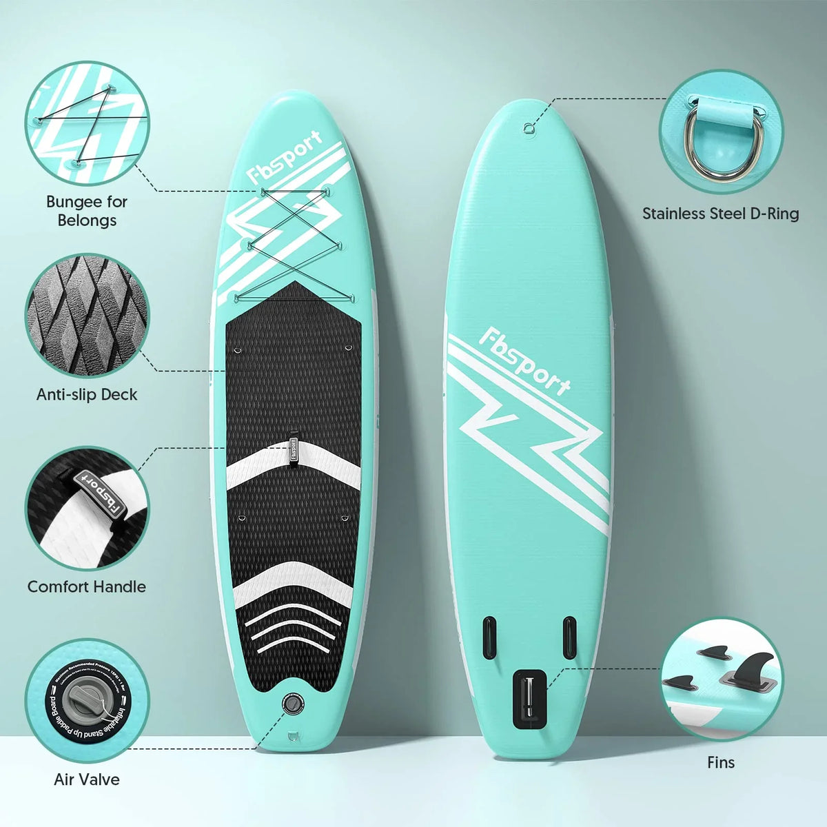 Nadmuchiwana deska SUP FBSPORT (model 2026), grubość 15 cm, kompletny zestaw z regulowanym aluminiowym wiosłem i pompką (zielona)