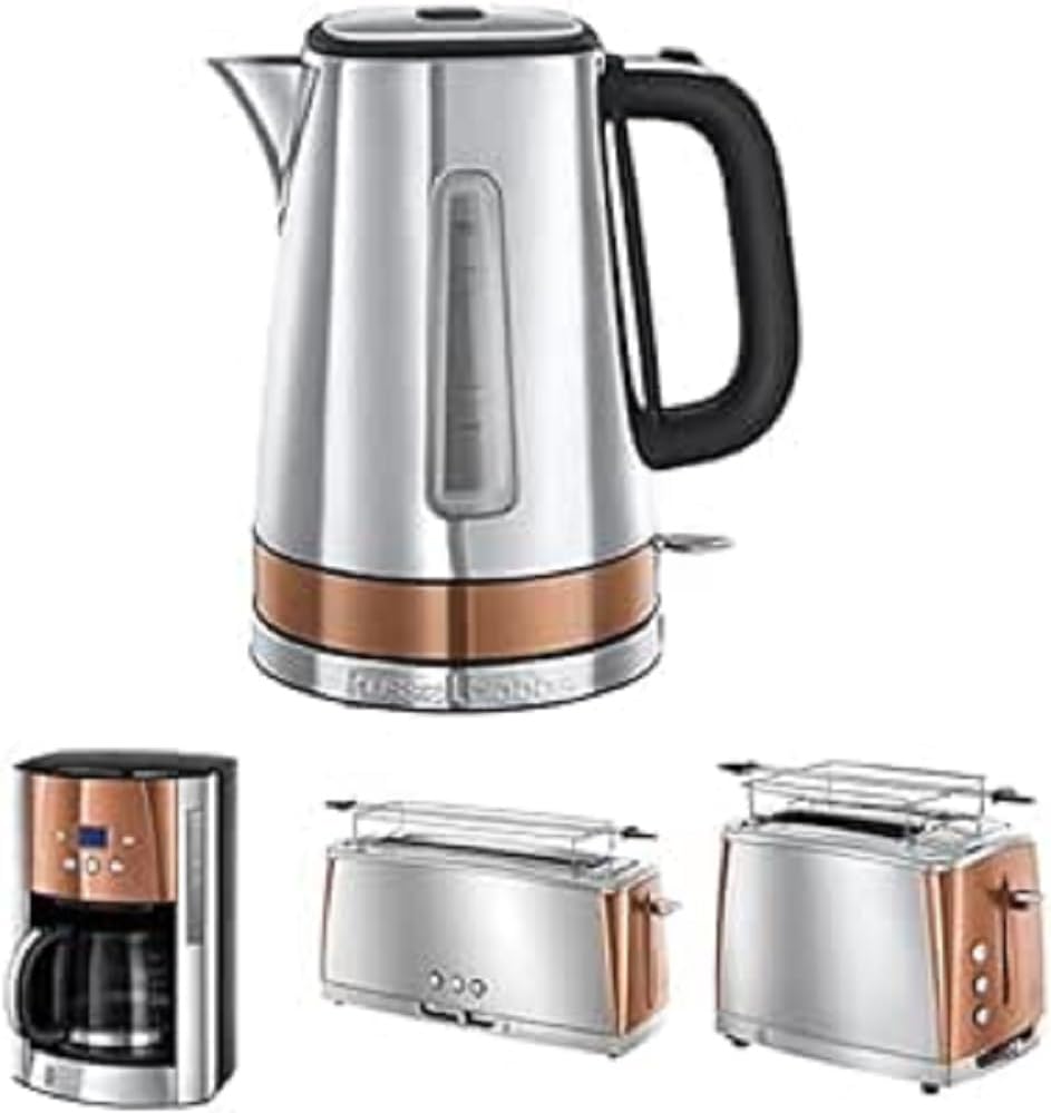 Toster Russell Hobbs Luna [na 2 kromki] Stal nierdzewna, miedź (bardzo szerokie otwory do opiekania, w tym podgrzewacz bułek, 6 poziomów opiekania, funkcja rozmrażania i podgrzewania, 1550 W) 24290-56