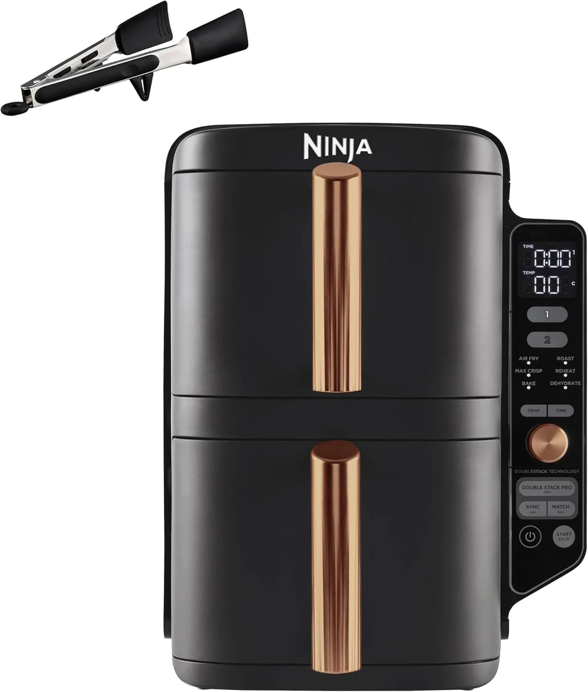 Frytkownica powietrzna Ninja Double Stack XL, 9,5 litra, pionowa podwójna szuflada, 4 poziomy gotowania, 2 szuflady i 2 ruszty, konstrukcja oszczędzająca miejsce, 6 funkcji gotowania, 8 porcji, kolor czarny/miedziany, SL400EUCP