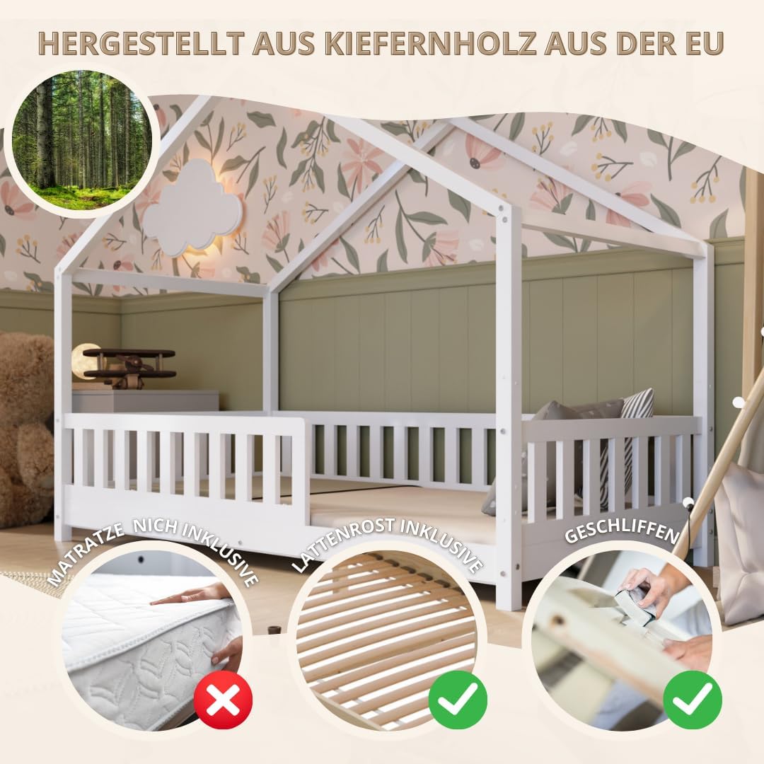 Łóżko Crazy Pine House z szufladami 200x90 cm – łóżko dziecięce z naturalnego drewna z zabezpieczeniem przed upadkiem – łóżko Montessori z dodatkową przestrzenią do przechowywania i wyjmowaną barierką – Crazy House