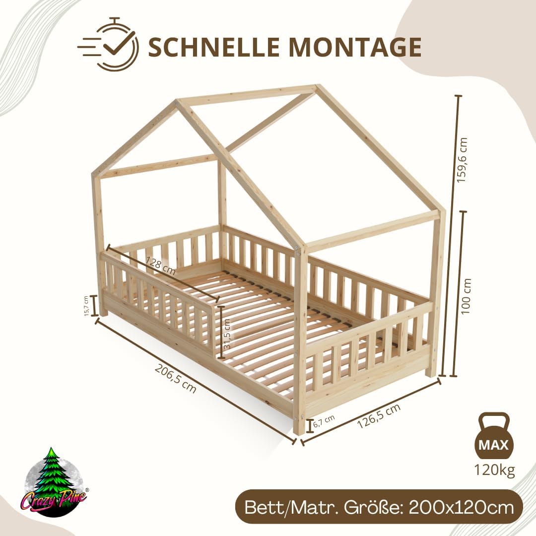 Łóżko Crazy Pine House z szufladami 200x90 cm – łóżko dziecięce z naturalnego drewna z zabezpieczeniem przed upadkiem – łóżko Montessori z dodatkową przestrzenią do przechowywania i wyjmowaną barierką – Crazy House